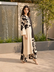 Black & Cream Placement Floral Kurta Pant Set in German Rayon