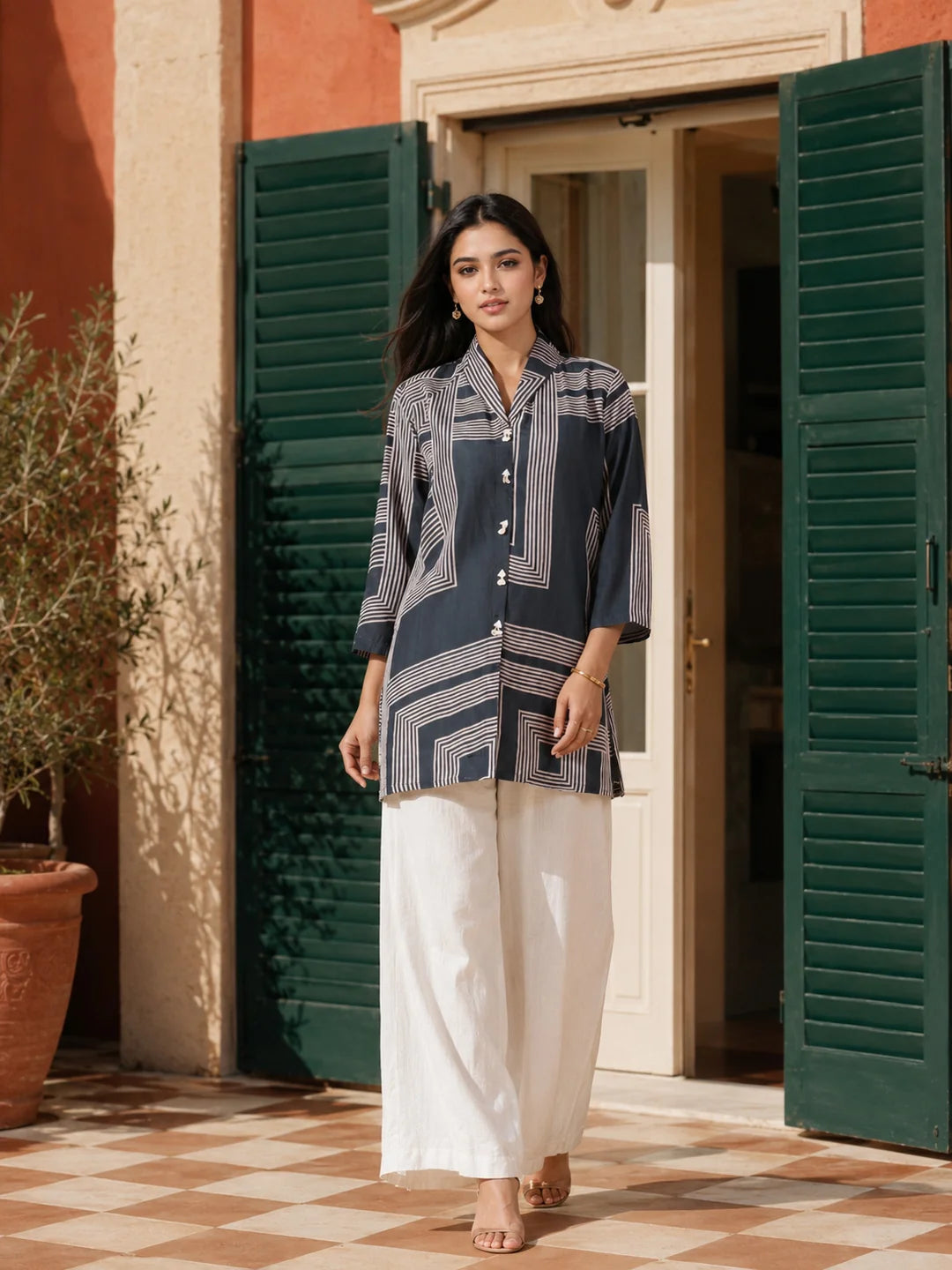 Dark Grey Abstract Stripe Russian Silk Top
