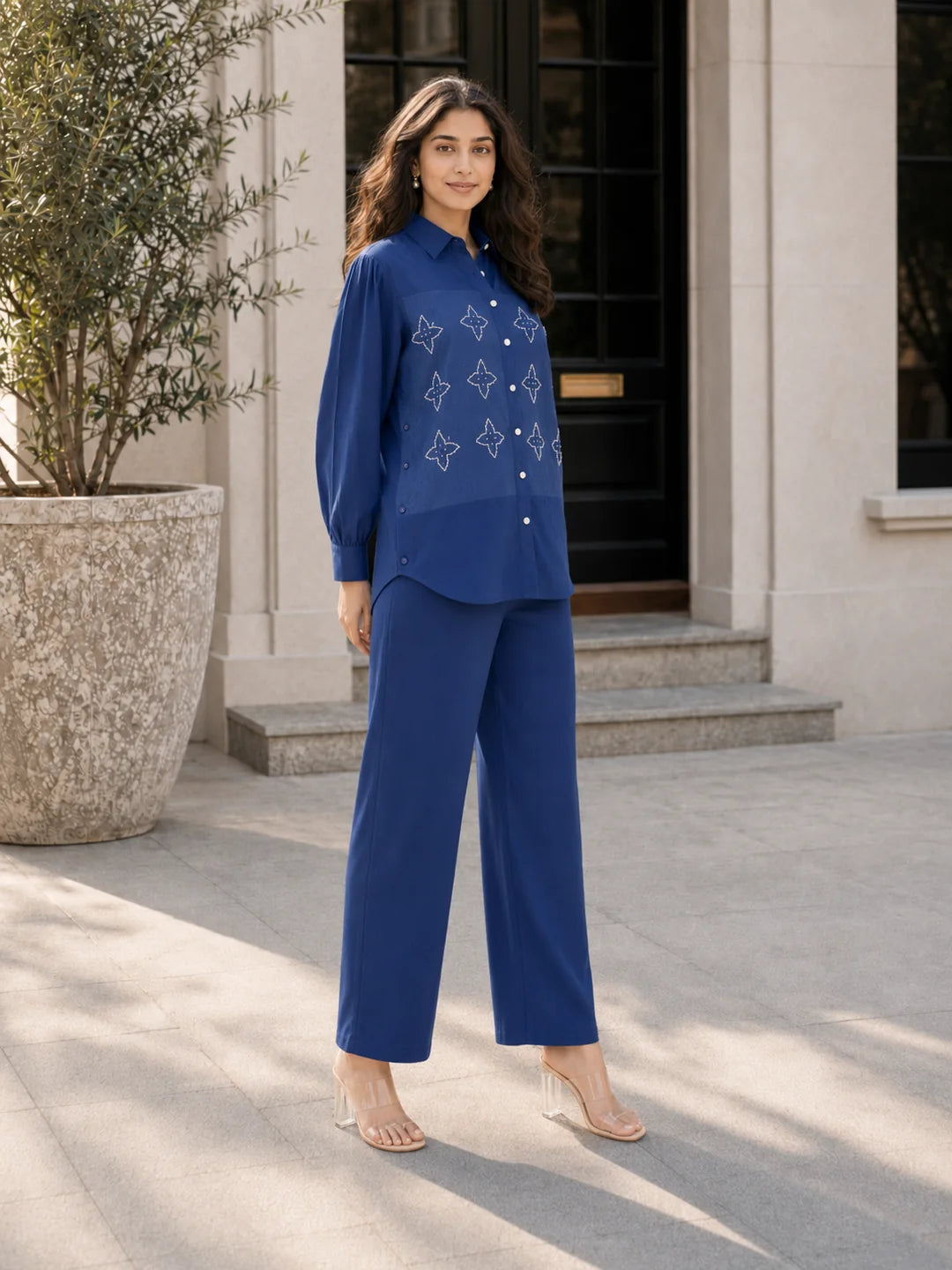 Navy Blue Embroidered Co-ord Set in Cotton