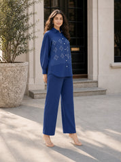 Navy Blue Embroidered Co-ord Set in Cotton