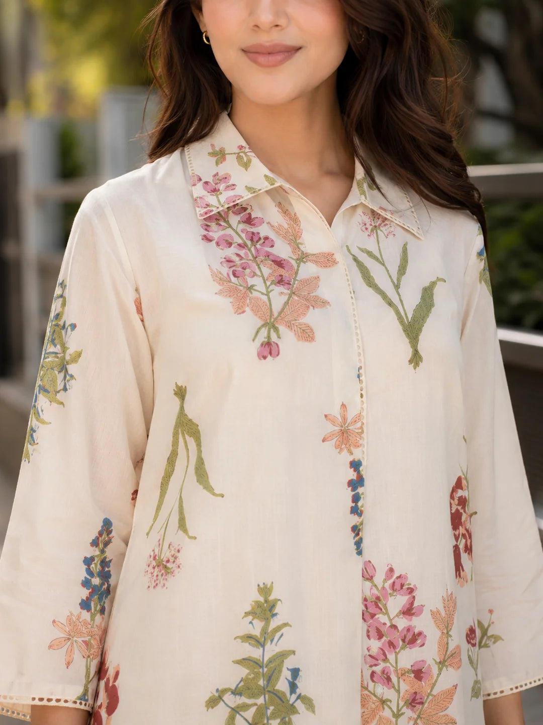 Ivory Floral Printed Kurta Set in Cotton Voile