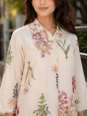 Ivory Floral Printed Kurta Set in Cotton Voile