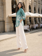 Pista Green Bold Floral Border Printed Top in Russian Silk