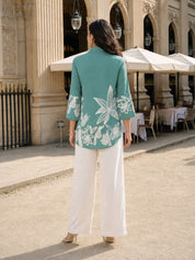 Pista Green Bold Floral Border Printed Top in Russian Silk