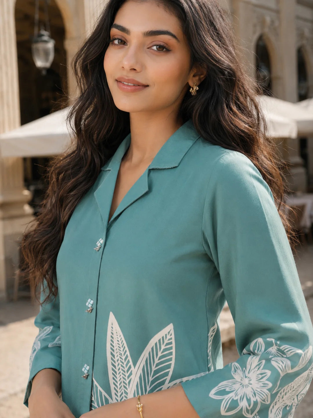 Pista Green Bold Floral Border Printed Top in Russian Silk