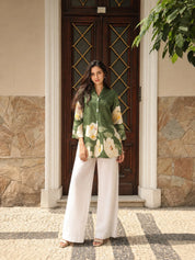 Olive Green Bold Floral Printed Top in Russian Silk