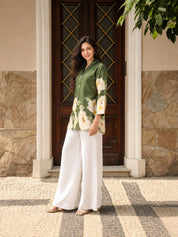 Olive Green Bold Floral Printed Top in Russian Silk
