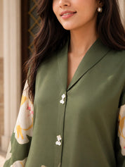 Olive Green Bold Floral Printed Top in Russian Silk