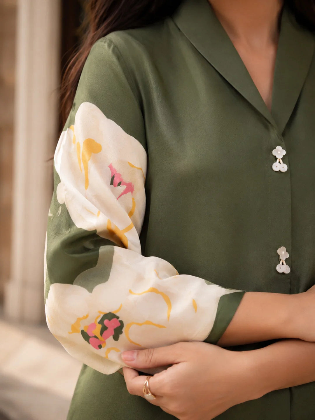 Olive Green Bold Floral Printed Top in Russian Silk