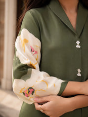 Olive Green Bold Floral Printed Top in Russian Silk