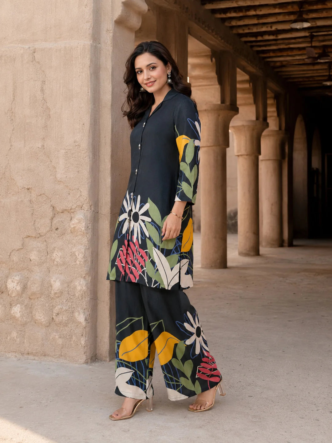 Navy Blue Bold Floral Printed Co-Ord Set in Russian Silk