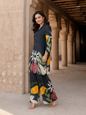 Navy Blue Bold Floral Printed Co-Ord Set in Russian Silk