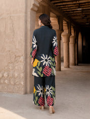 Navy Blue Bold Floral Printed Co-Ord Set in Russian Silk