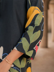 Navy Blue Bold Floral Printed Co-Ord Set in Russian Silk