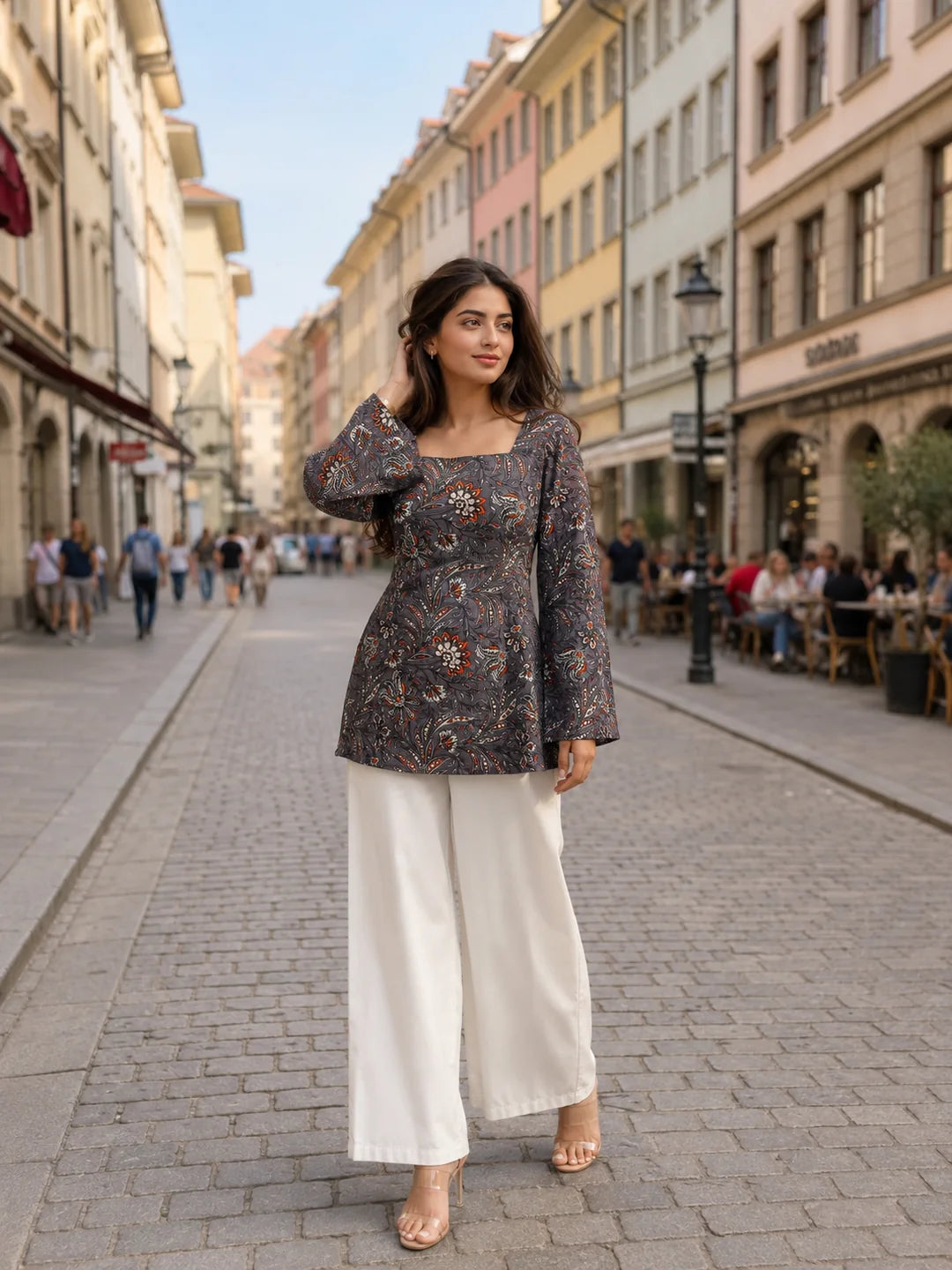 Grey Floral Jaal Printed Cotton Short Kurti