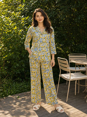 Yellow Floral Shirt Collar Cotton Co-ord Set