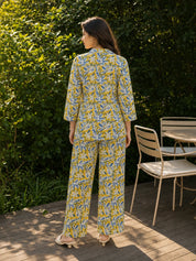 Yellow Floral Shirt Collar Cotton Co-ord Set