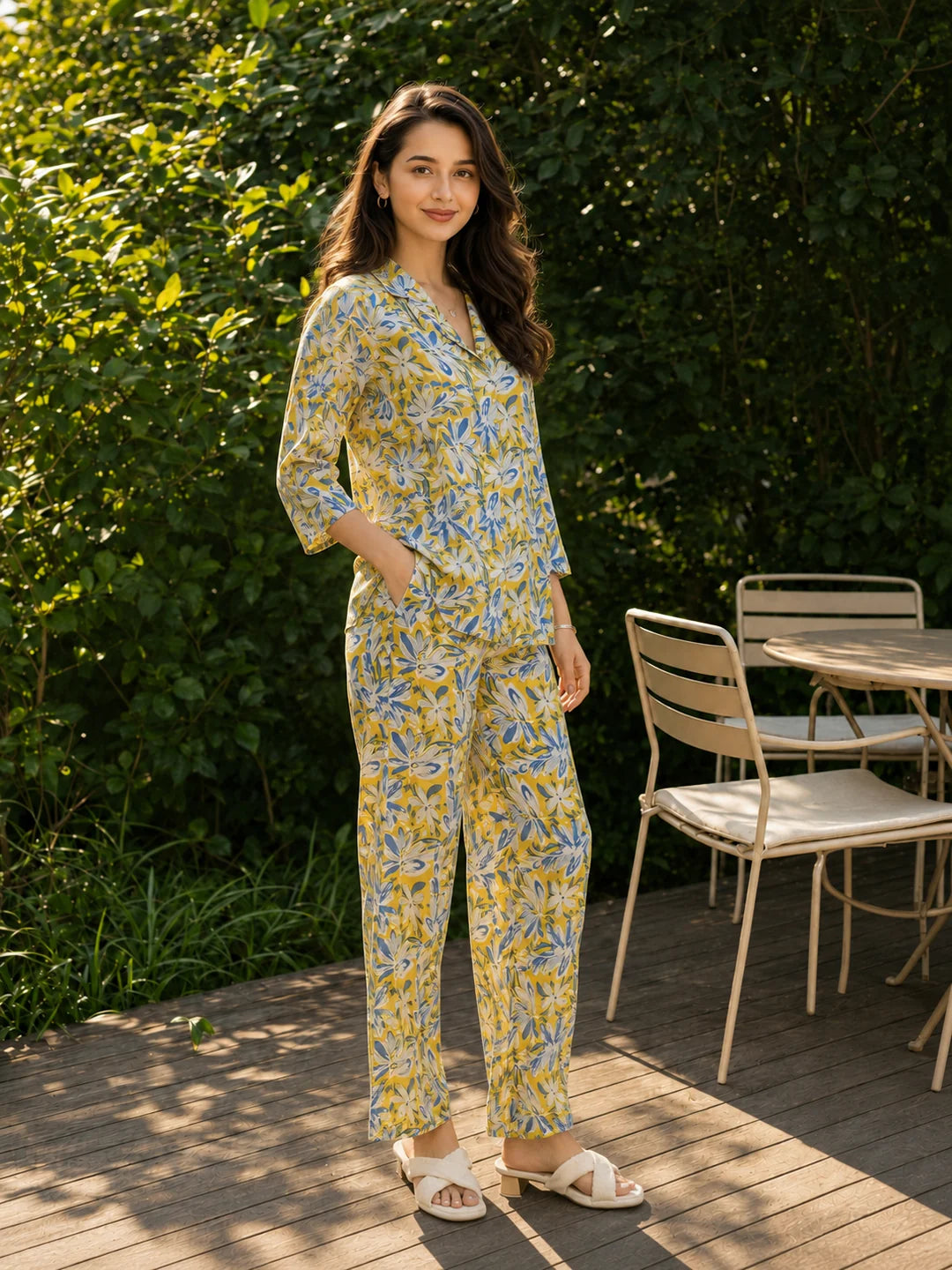 Yellow Floral Shirt Collar Cotton Co-ord Set