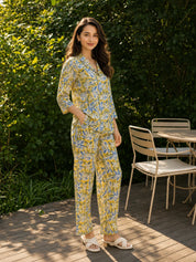 Yellow Floral Shirt Collar Cotton Co-ord Set