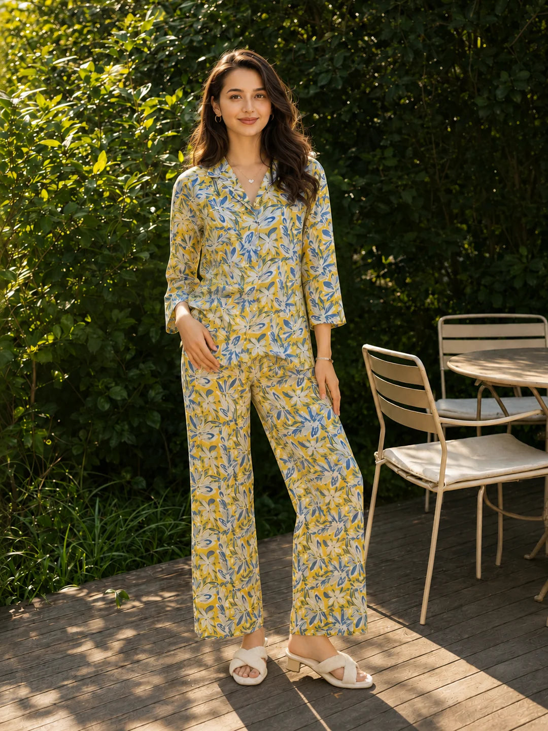 Yellow Floral Shirt Collar Cotton Co-ord Set