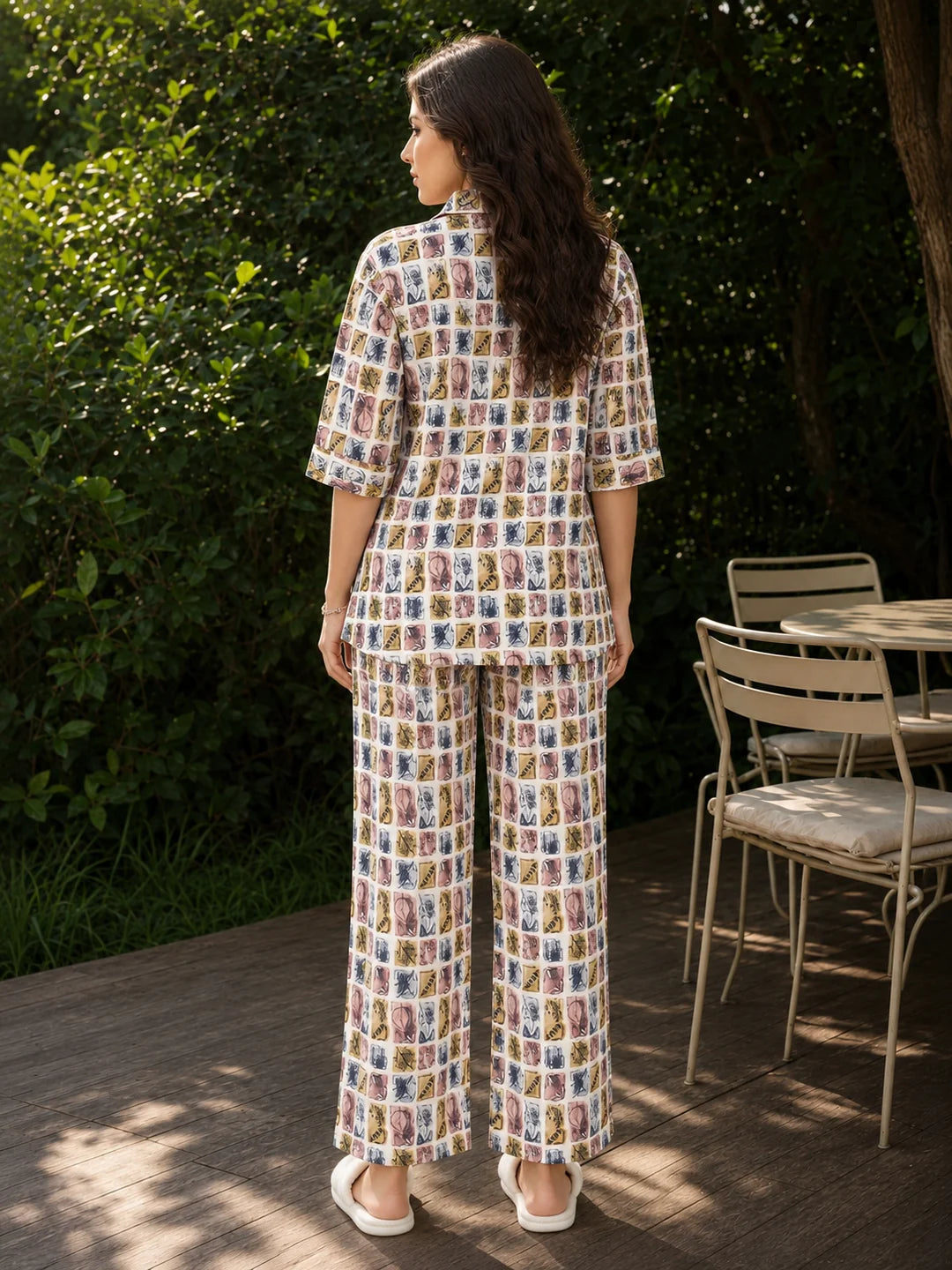Multicolor Stamp Print Cotton Co-Ord Set with Shirt Collar Silhouette