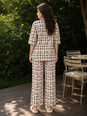 Multicolor Stamp Print Cotton Co-Ord Set with Shirt Collar Silhouette