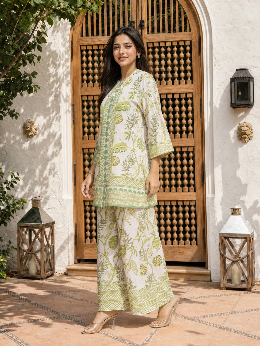Off-White Abstract Floral Print Co-Ord Set with Sequin Detailing in Viscose Muslin