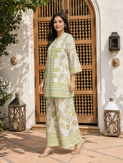 Off-White Abstract Floral Print Co-Ord Set with Sequin Detailing in Viscose Muslin