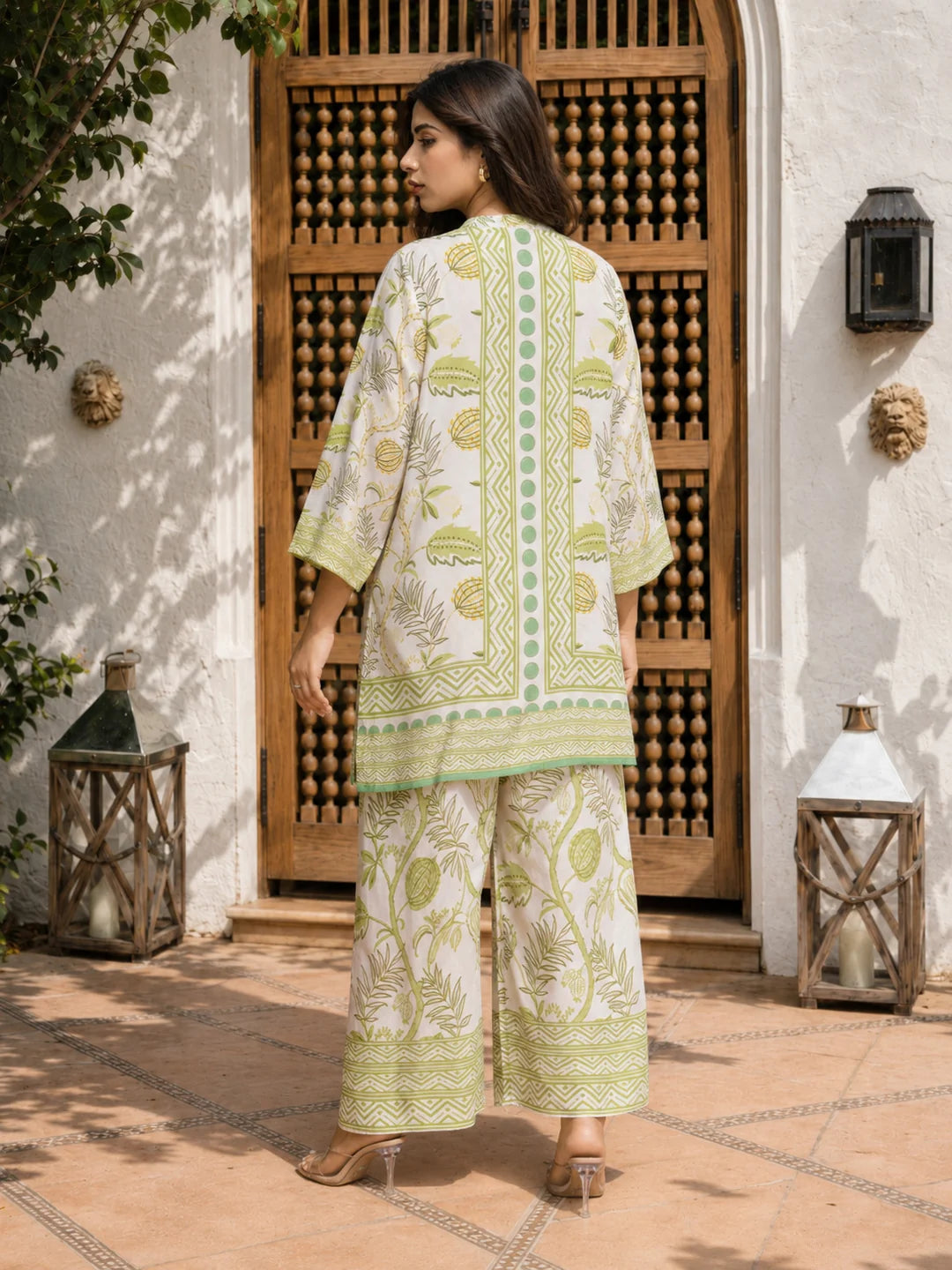 Off-White Abstract Floral Print Co-Ord Set with Sequin Detailing in Viscose Muslin
