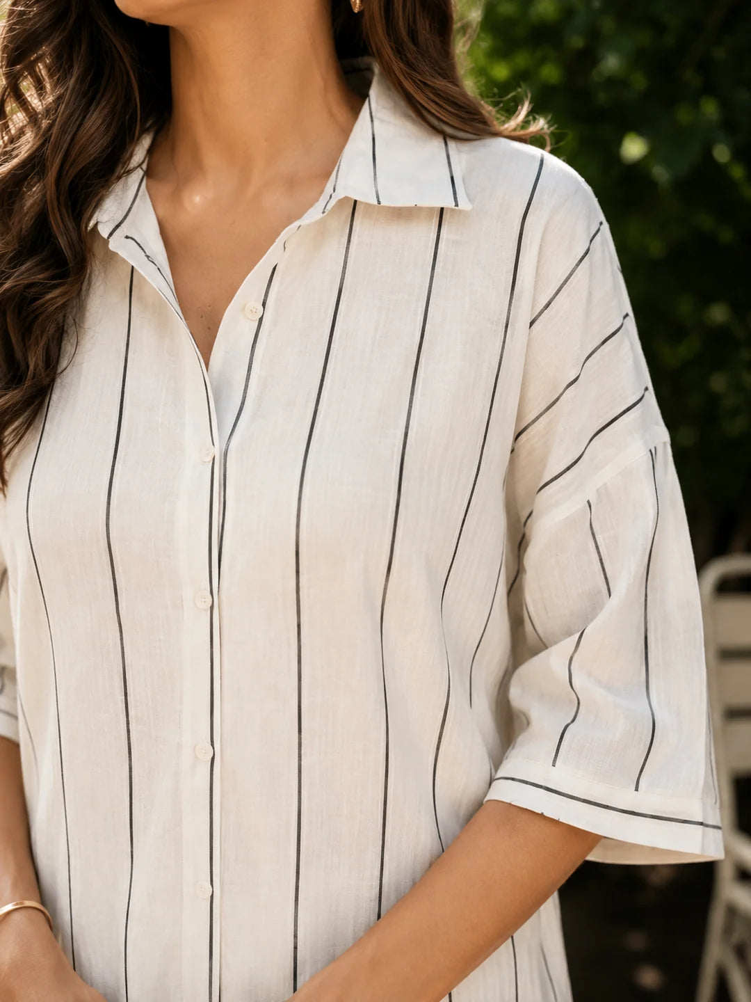 White Cotton Short Co-ord Set with Black Vertical Stripes
