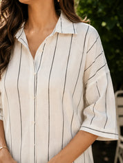 White Cotton Short Co-ord Set with Black Vertical Stripes