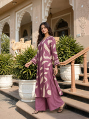 Cream & Plum Leaf Print Kurta Set in German Rayon