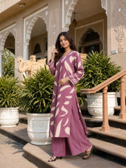 Cream & Plum Leaf Print Kurta Set in German Rayon
