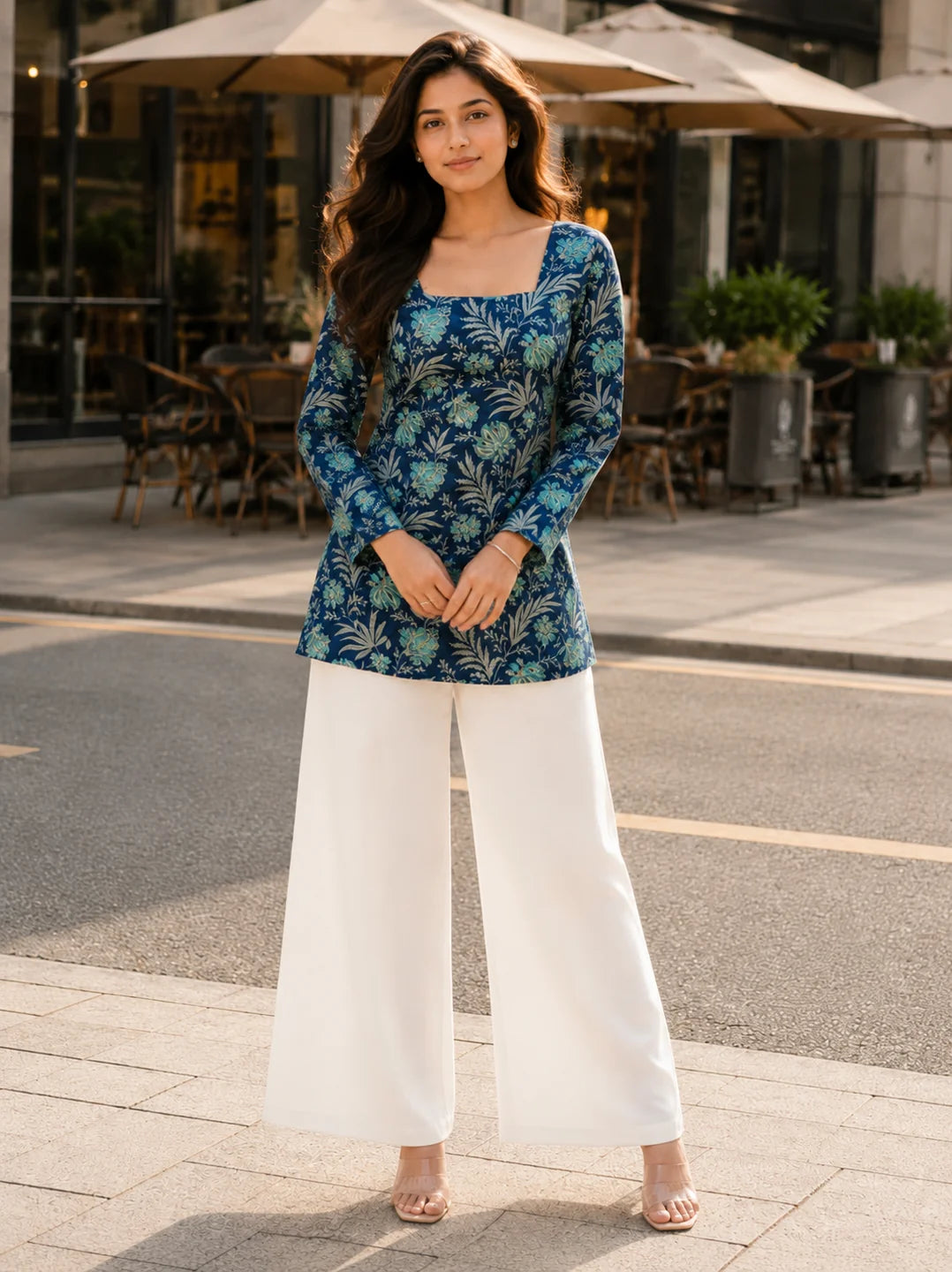 Navy Blue Floral Jaal Printed Cotton Short Kurti