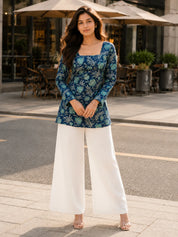 Navy Blue Floral Jaal Printed Cotton Short Kurti