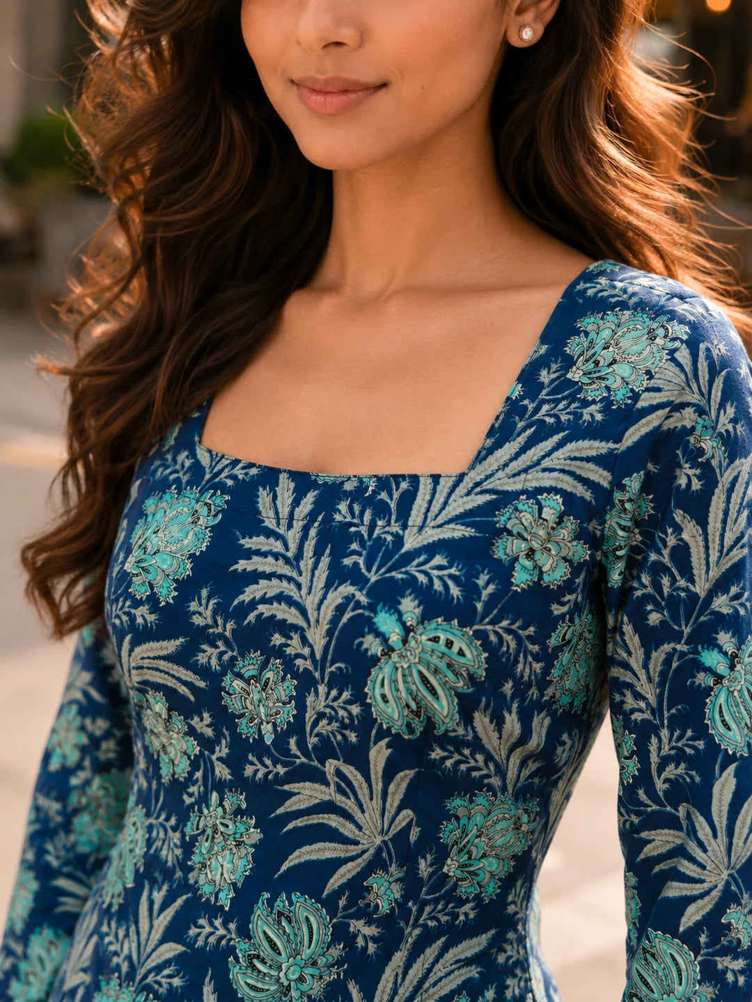 Navy Blue Floral Jaal Printed Cotton Short Kurti
