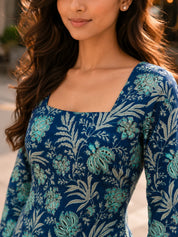 Navy Blue Floral Jaal Printed Cotton Short Kurti