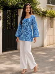 Blue Floral Jaal Printed Cotton Short Kurti