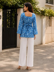 Blue Floral Jaal Printed Cotton Short Kurti