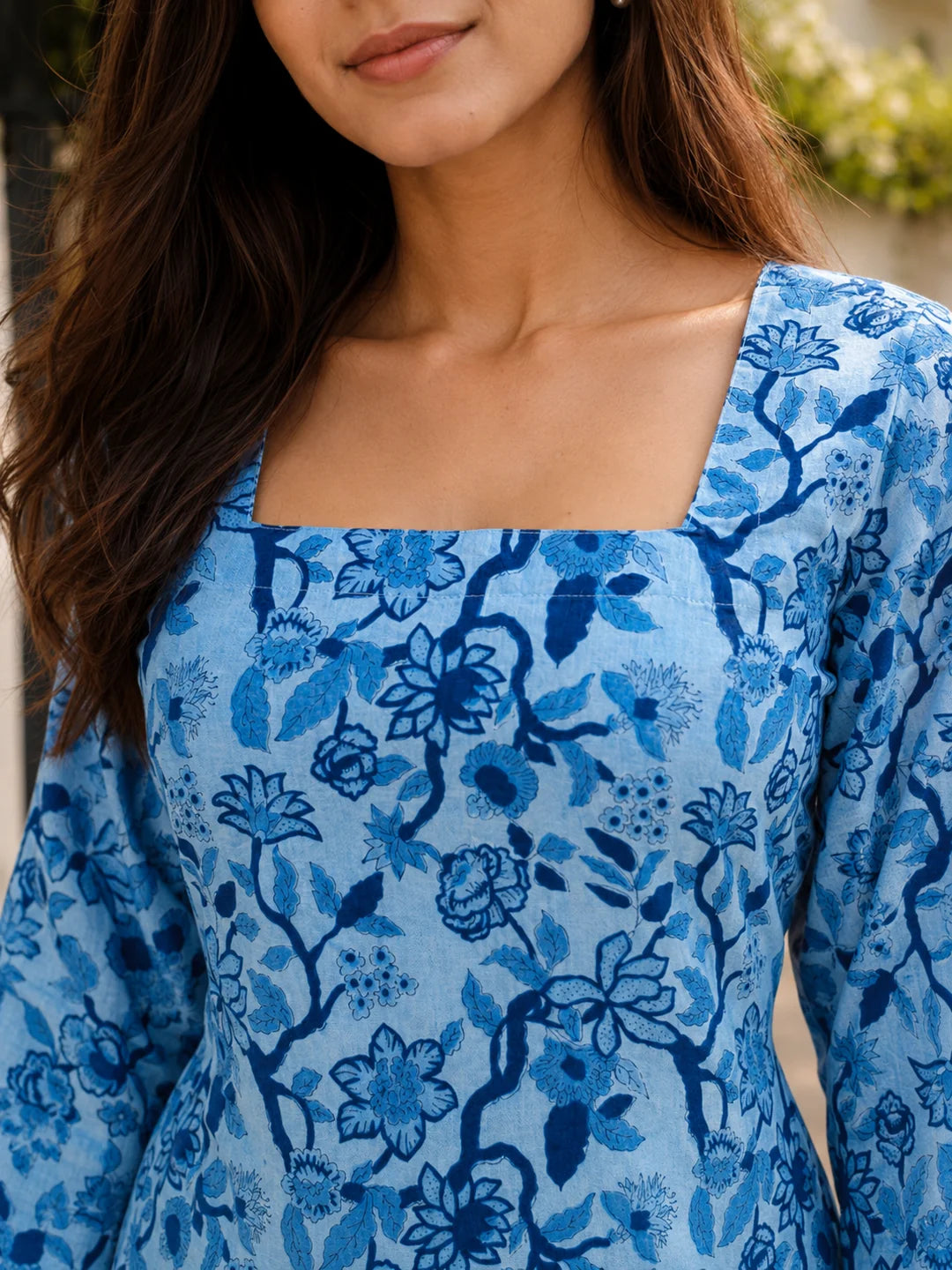 Blue Floral Jaal Printed Cotton Short Kurti