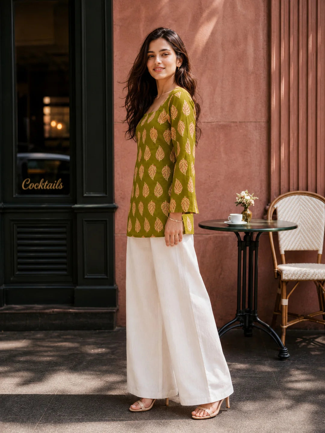 Green Leaf Printed Cotton Short Kurti