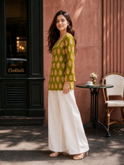 Green Leaf Printed Cotton Short Kurti