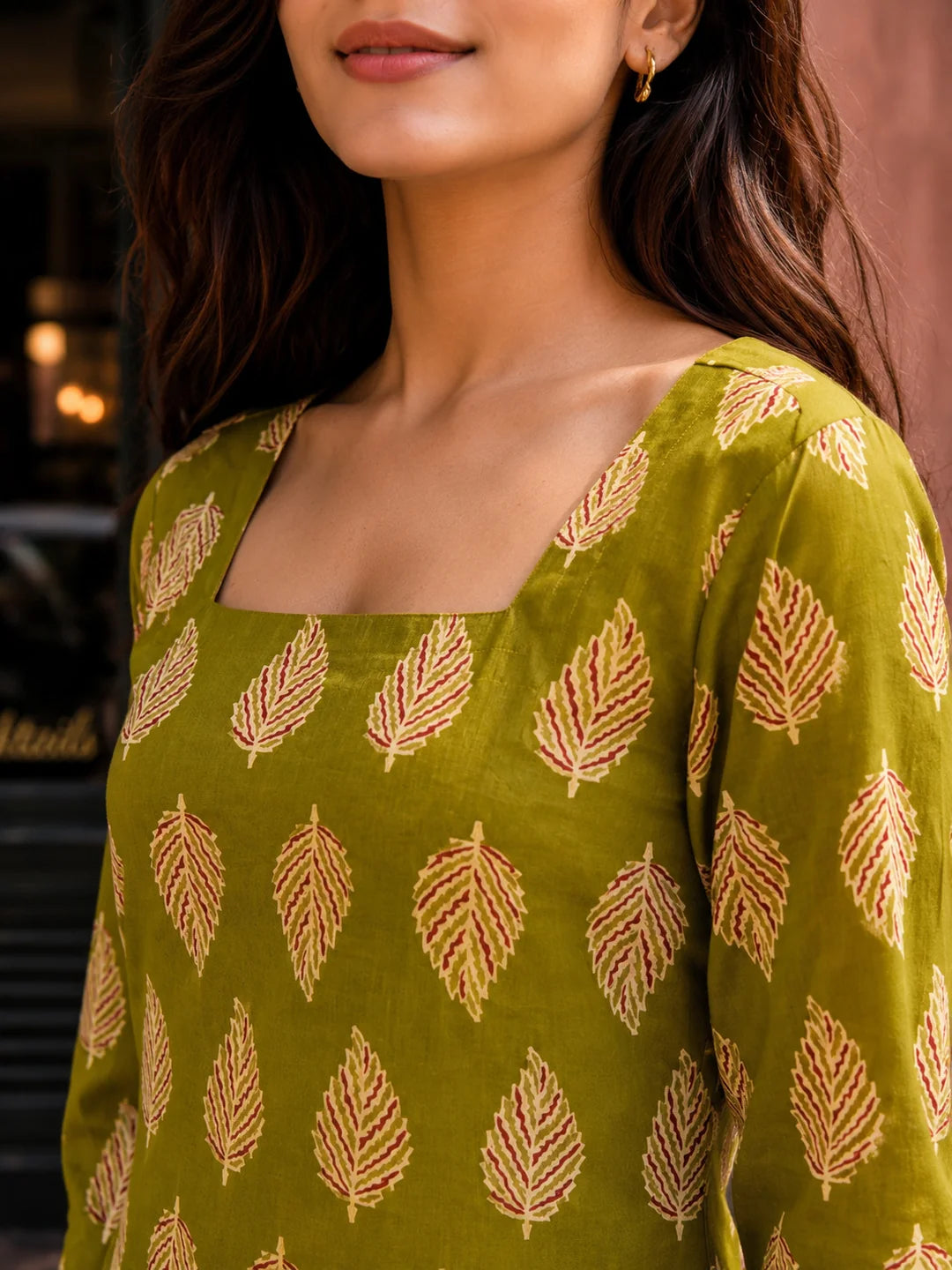 Green Leaf Printed Cotton Short Kurti