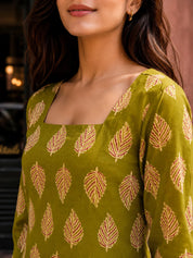Green Leaf Printed Cotton Short Kurti