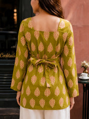 Green Leaf Printed Cotton Short Kurti