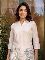 Ivory Floral Kurta & Wide-Leg Cotton Flex Co-ord Set