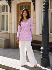 Lilac Floral Printed Cotton Short Kurti