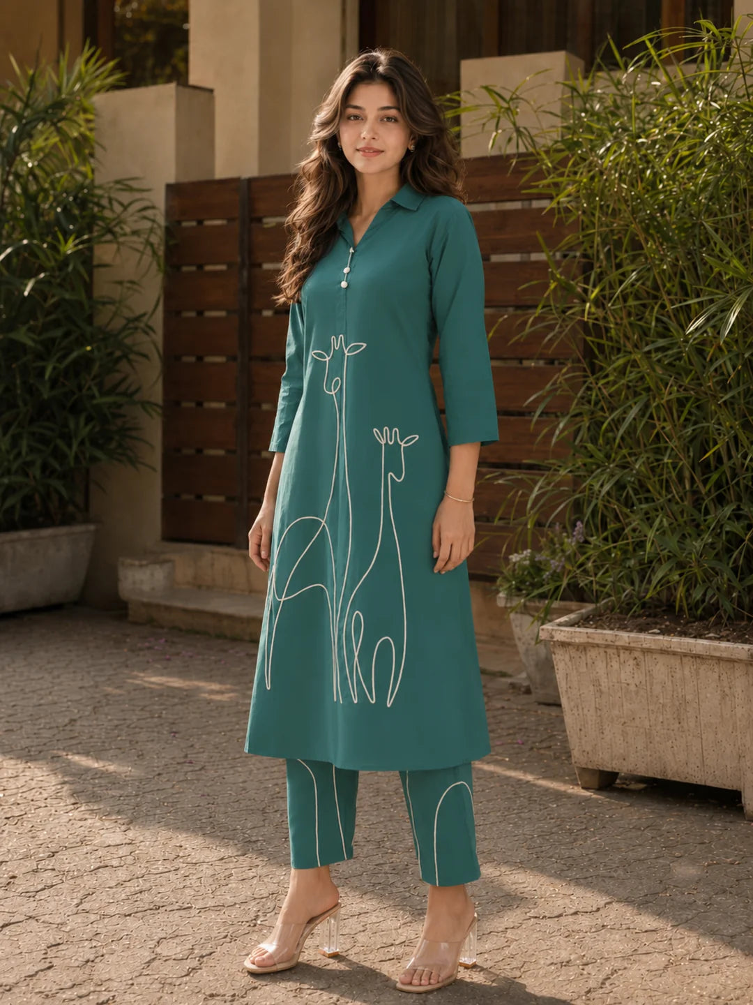 Green Animal Motif Cord Work Kurta Set in Cotton Cambric