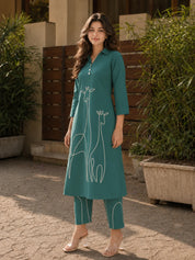Green Animal Motif Cord Work Kurta Set in Cotton Cambric