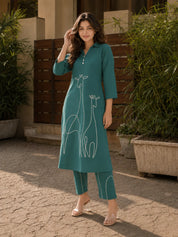 Green Animal Motif Cord Work Kurta Set in Cotton Cambric